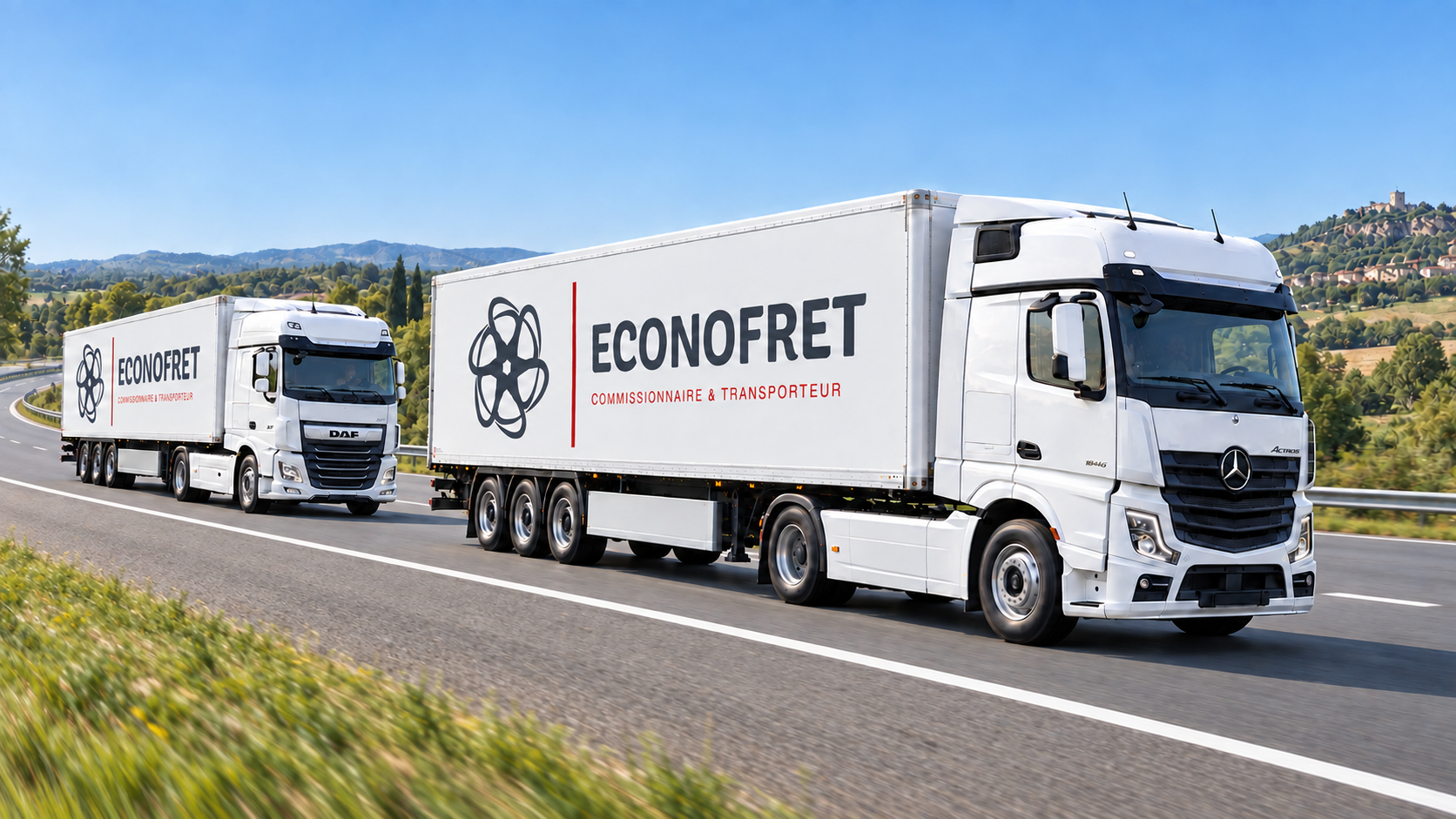 Deux poids lourds blancs Econofret sur une autoroute ensoleillée
